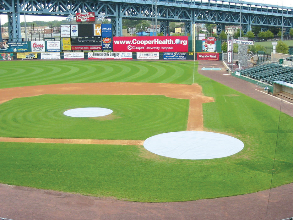 Baseball Tarp with Ground Stakes (26 ft. Round - 6 oz. Polyethylene) (Home Plate) (White or Silver - Reversible)