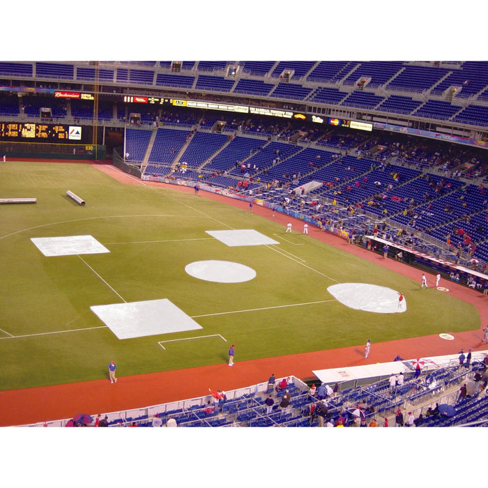 Jaypro Baseball Tarp with Ground Stakes - 20 ft. Round, 6 oz. Polyethylene (Reversible White/Silver) - SKU: AFC-PM