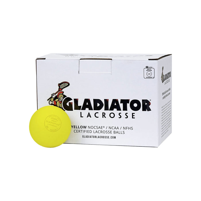 Gladiator Lacrosse BOX OF 12 OFFICIAL LACROSSE GAME BALLS – YELLOW – MEETS NOCSAE STANDARDS, SEI CERTIFIED