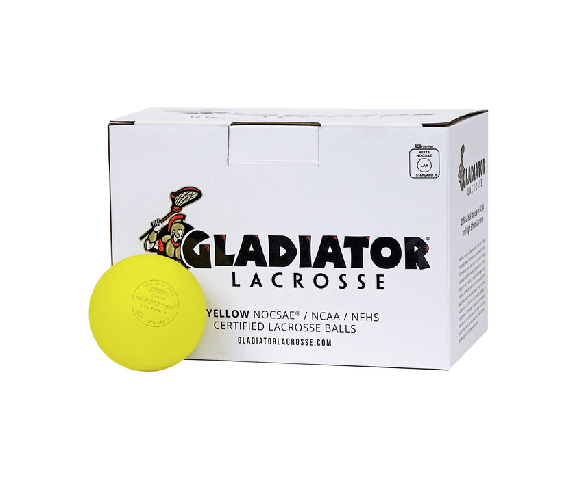 Gladiator Lacrosse BOX OF 12 OFFICIAL LACROSSE GAME BALLS – YELLOW – MEETS NOCSAE STANDARDS, SEI CERTIFIED
