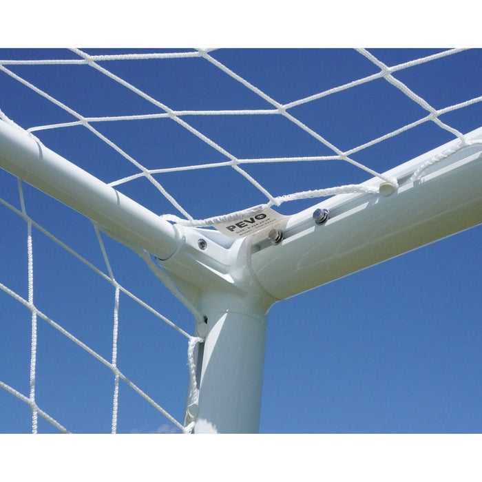 PEVO Channel Series soccer goal top corner and net attachment detail