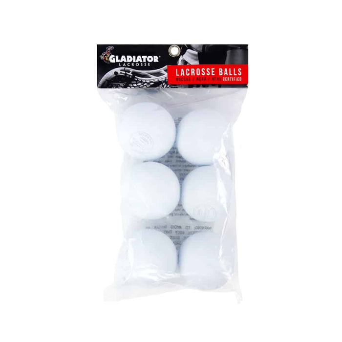 GLADIATOR LACROSSE PACK OF 6 FULLY CERTIFIED, OFFICIAL LACROSSE GAME BALLS – WHITE – MEETS ALL STANDARDS