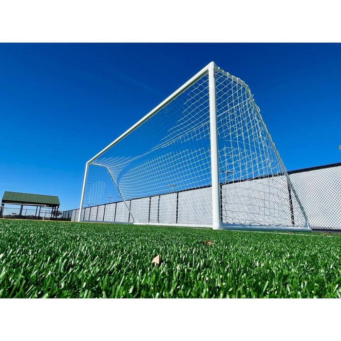 PEVO Channel Series 6.5x18.5 soccer goal on a field